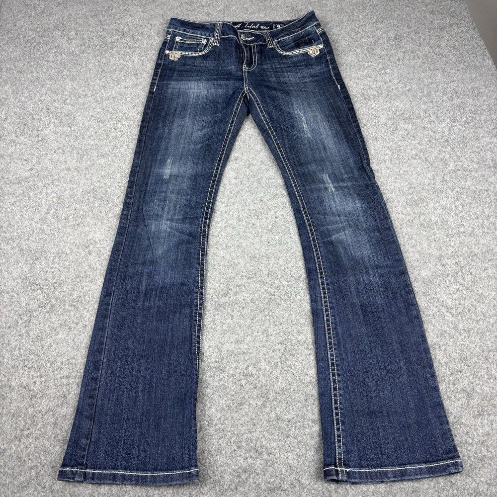 LA‎ Idol USA Jeans Women's Size 9 Bootcut Y2K Dark Wash 30x33 Floral Design Blue